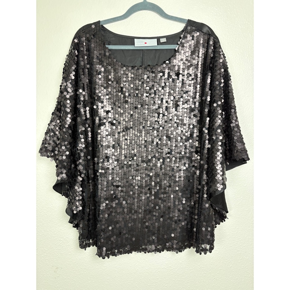 Avenue Studio Womens Plus 18/20 Black Sequin Cape Sleeve Satin Back Blouse Top